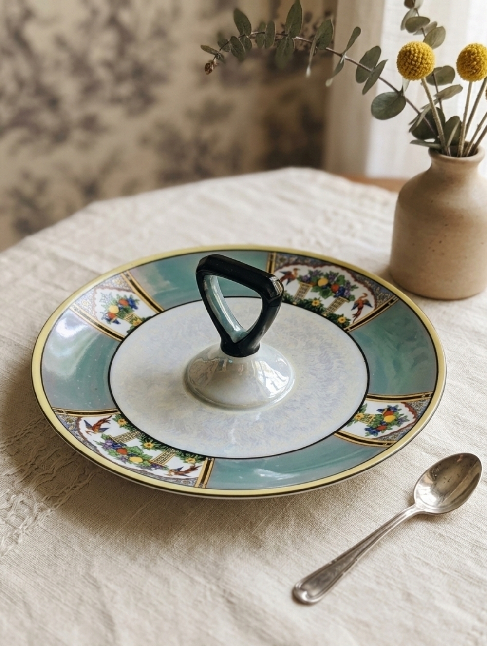 Noritake 8" Art Deco Teal Luster Handled Serving Plate Bird Floral Tidbit Tray